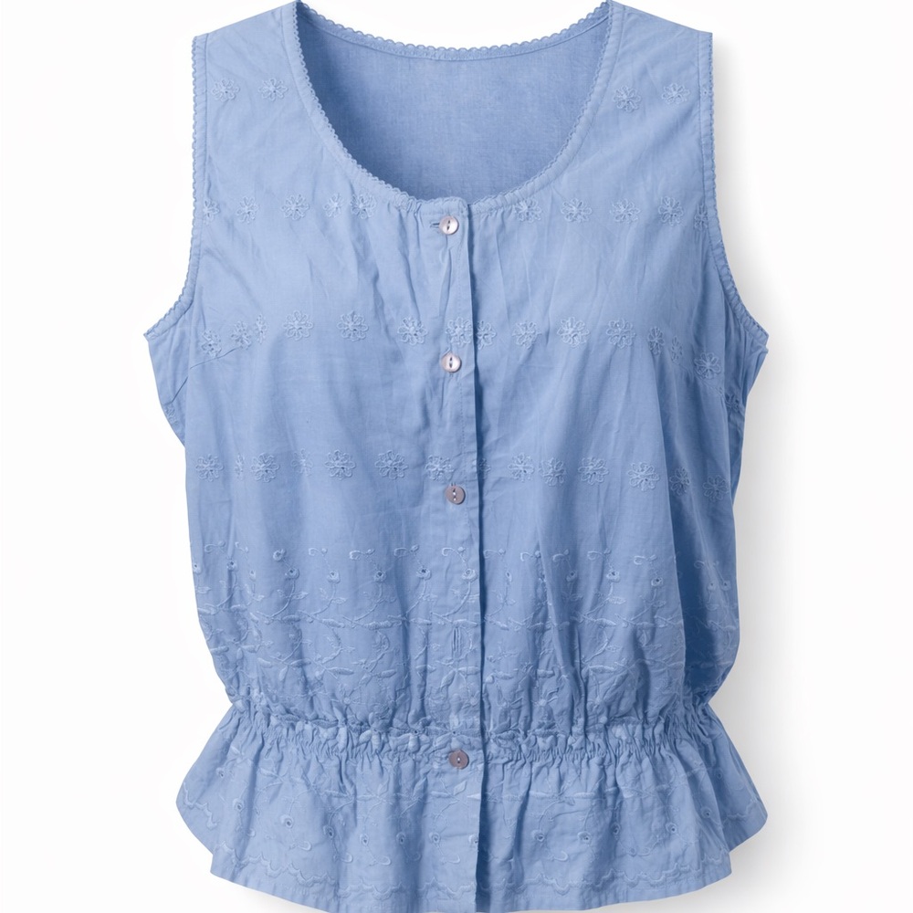 Faded Glory Light Blue Embroidered Blouse Eyelet 100% Cotton